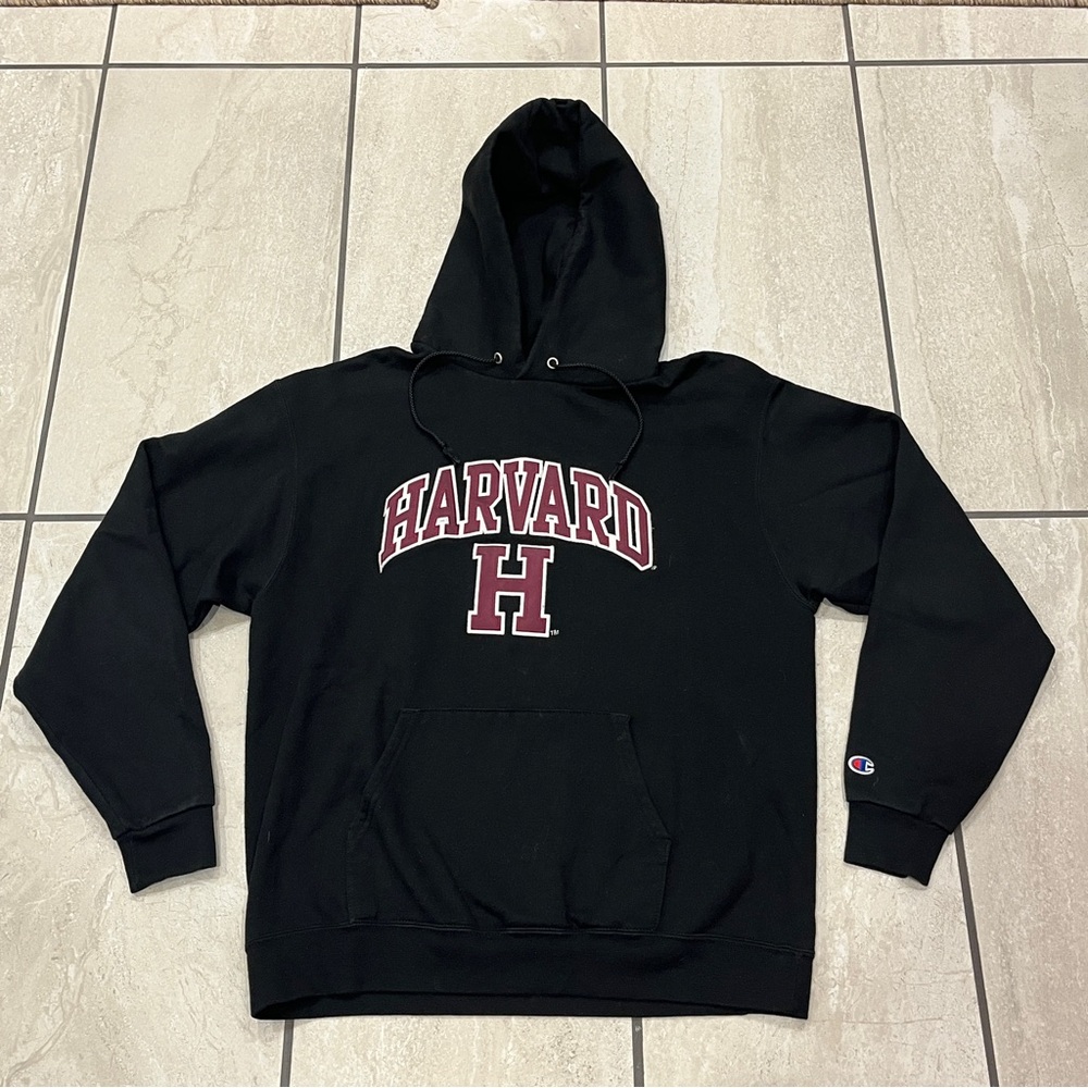 Harvard Hoodie Sweatshirt Mens Large Black Champion Fleece Pullover College Logo